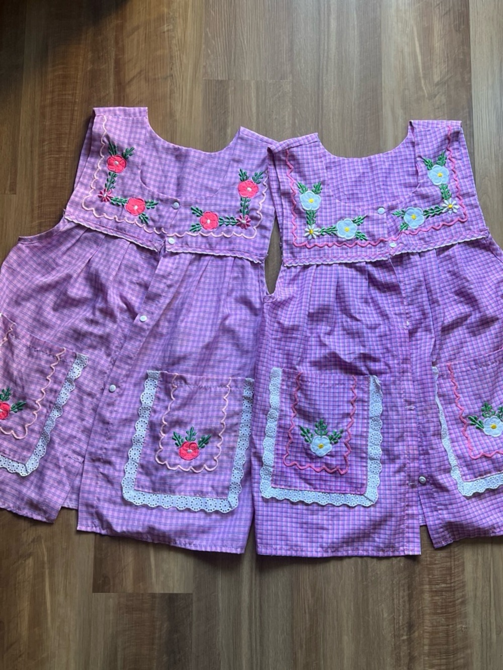 Mexican Style Mandil (Apron) Set of 2 Pink Plaid Floral Embroidered